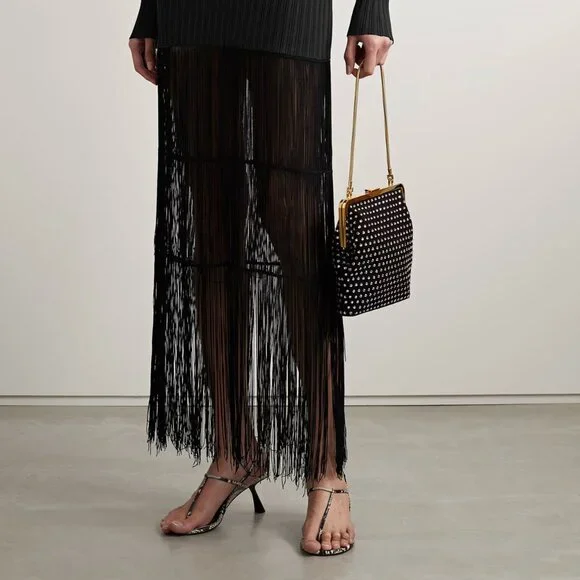 Khaite Cedar Fitted Rib Maxi Midi Dress Mock Fringe Black Small, worn once $2400 - Picture 2 of 8